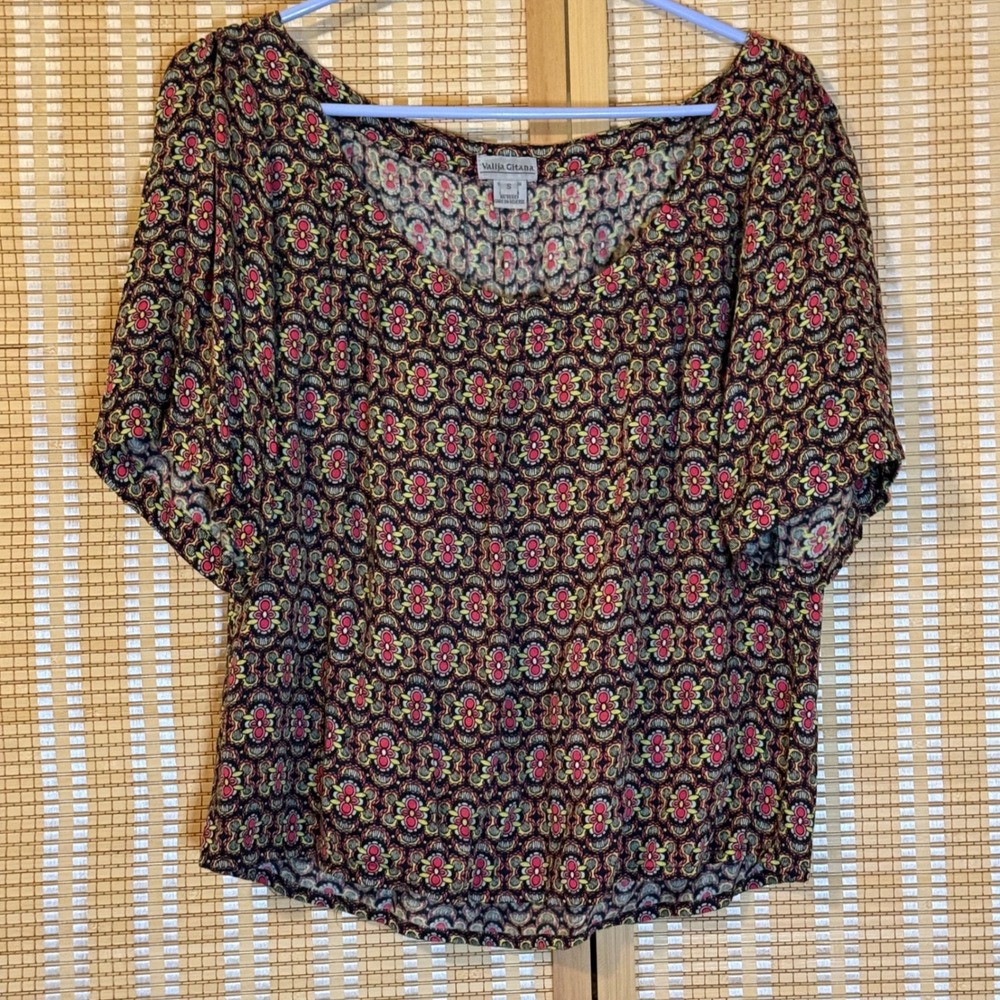 Valija Gitana Womens Boho Floral Medallion Rayon Scoop Neck Blouse Pink Black S